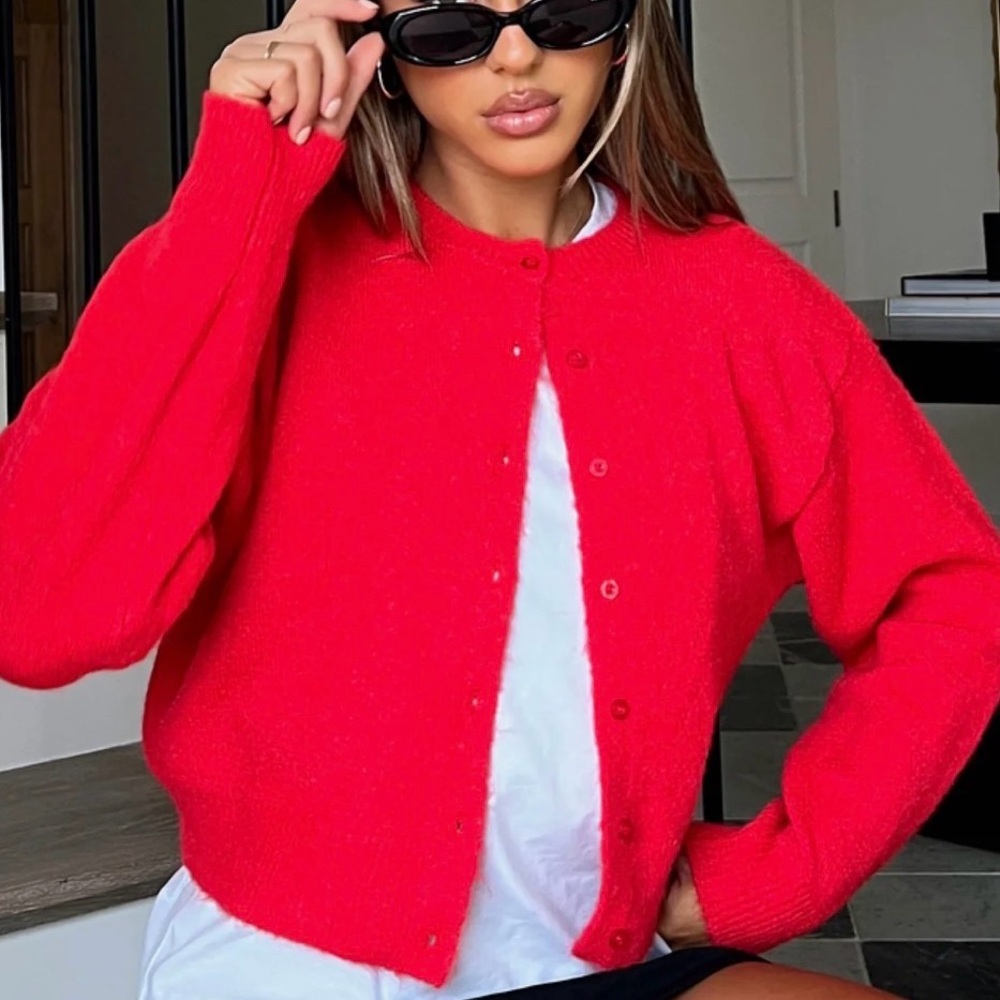 White fox Warm Whispers Knit Cardigan Red